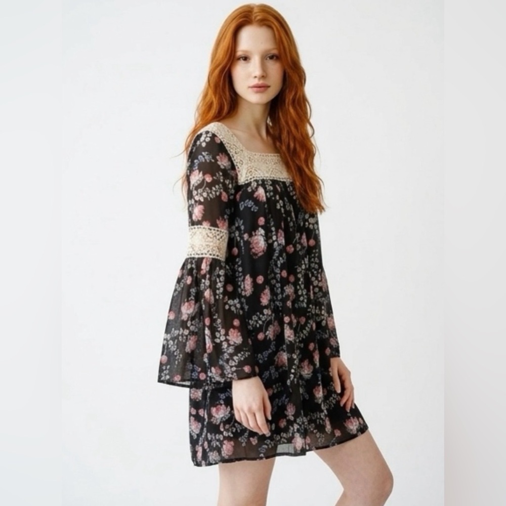 Entro Black Floral Boho Mini Dress & Bell Sleeves